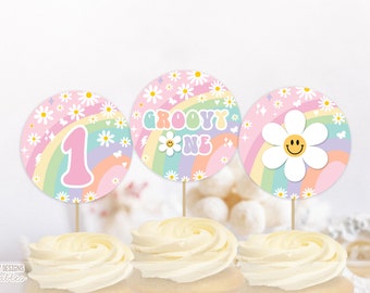 Daisy Groovy One Cupcake Toppers Groovy 1st Birthday Circles Decor Rainbow Pink Purple Mint Retro Hippie 70s Party DIY INSTANT DOWNLOAD GRP8
