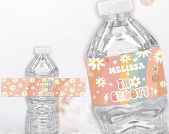 Editable Two Groovy Bottle Label Groovy 2nd Birthday Daisy Rainbow Retro Hippie 70's Party Groovy Water Bottle Label PRINTABLE DOWNLOAD GRM4