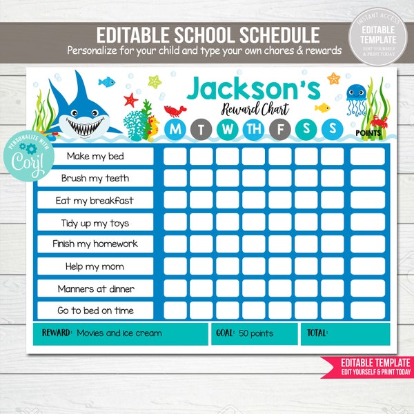 Editable Under The Sea Reward Chart Reward for Kids Routine Chart Kids Responsibility Chore Chart PRINTABLE DOWNLOAD Corjl Template