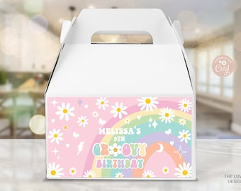 EDYTOWALNA etykieta na pudełko Daisy Gable Groovy urodzinowa tęcza różowo-fioletowa mięta retro hipisowska etykieta na pudełko na smakołyki w stylu lat 70. DO DRUKU POBIERZ GRP8