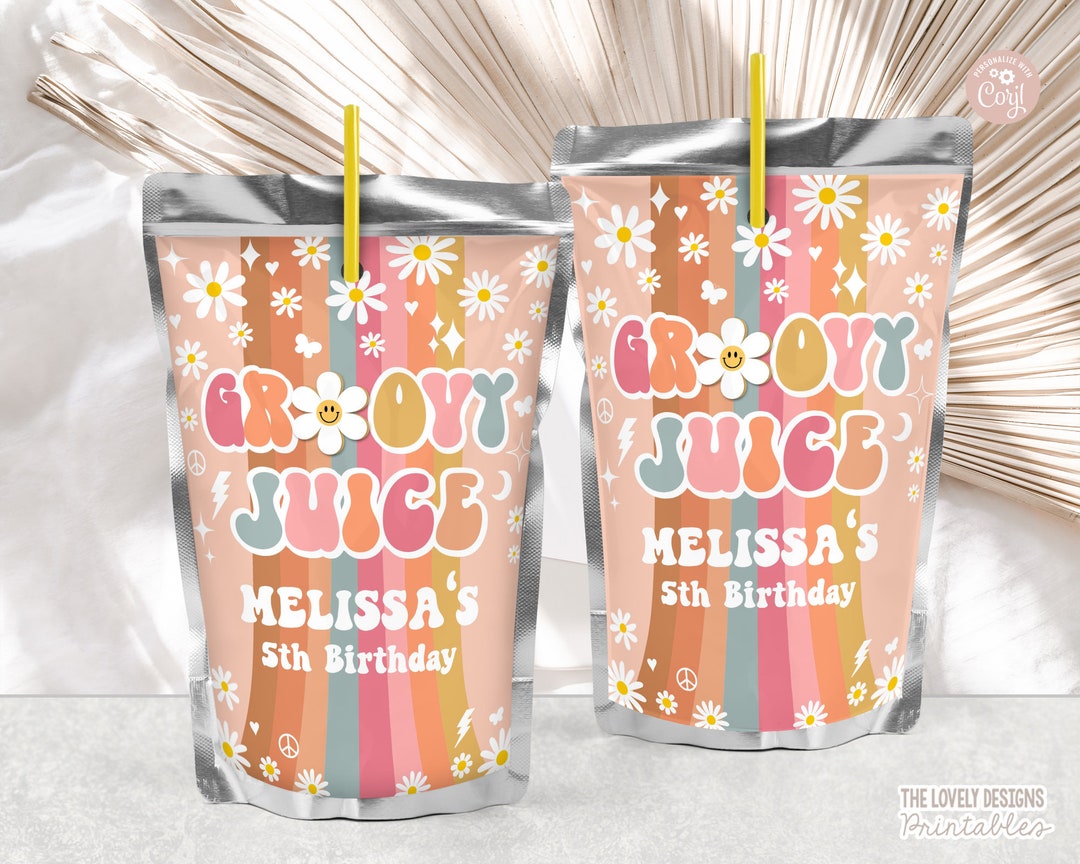 EDITABLE Groovy Juice Pouch Label Groovy Birthday Juice Label Daisy Rainbow Orange Hippie Retro