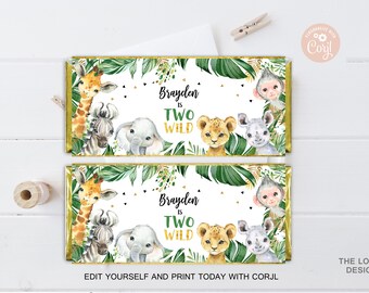 May include: Two printable chocolate bar wrappers featuring a jungle theme with a giraffe, zebra, elephant, lion, rhino, and monkey. The text on the wrappers reads "Brayden is Two Wild".