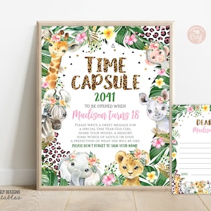 BEWERKBARE Time Capsule-teken bijpassende kaart luipaardprint meisje 1e verjaardag wilde safari Cheetah Time Capsule-teken AFDRUKBARE DOWNLOAD JLP3