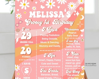 Modèle de téléchargement d'affiche d'anniversaire Groovy One Two modifiable signe de la première année rose orange marguerite des années 70