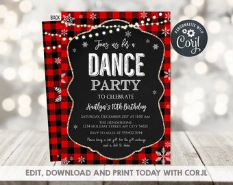 Dance Christmas Birthday invitation Fully Editable Flannel Christmas Invitation Buffalo Plaid Holiday Invite Instant Download with Corjl