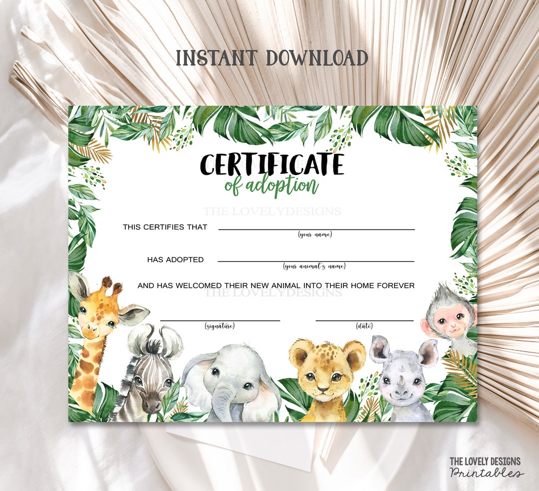 Adopt an Animal Adoption Certificate Jungle Birthday Printable Neutral