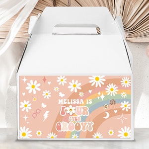 Groovy 4th Birthday Gable Box Label: Editable Daisy Rainbow Favor (Printable Download)