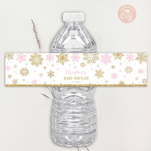EDITABLE Winter Water Bottle Label Winter Baby Shower Labels Snowflakes Pink and Gold Winter Wonderland Bottle Labels PRINTABLE DOWNLOAD