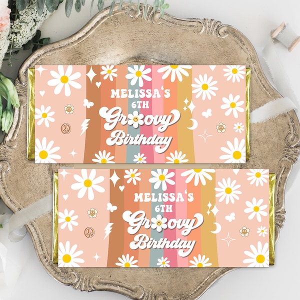 EDITABLE Groovy Candy Bar Wrapper Groovy Birthday Daisy Rainbow Orange Blue Retro Hippie 70's Party Favors Fun Vibes PRINTABLE DOWNLOAD GBO9