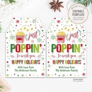 Holidays Popcorn Gift Tag Secret Santa Office Staff Teacher Gift Exchange Happy Holidays Tag Poppin by Popcorn Tag PRINTABLE EDITABLE