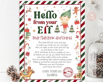 May include: A red and green striped card with a Christmas elf illustration and the text "Hello from your Elf Dear Matthew and Emma". The card has a festive Christmas theme and includes a message about a little elf who will come and stay to watch children while they play.