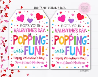 Etiqueta de San Valentín divertida para hacer estallar palomitas de maíz, juguete antiestrés para el día de San Valentín, regalo para preescolar, aula, sin dulces, imprimible, editable, descarga