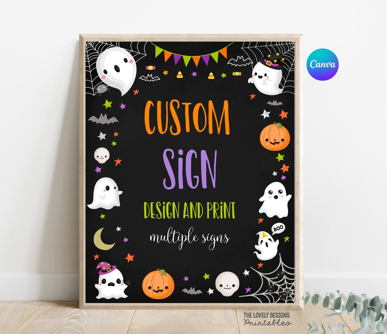Halloween Custom Sign Fully Editable Halloween Birthday Sign Decor Spooky Cute Ghost Spooktacular Party Sign Printable Canva Template CG1