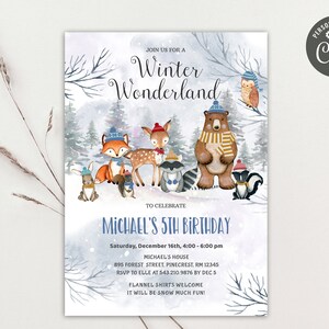Woodland Winter Geburtstagseinladung: Tiere Party (Printable Download)