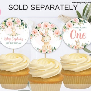 May include: Three round cupcake toppers featuring a floral design and a bunny rabbit. The toppers include the text "Riley Sophia's 1st Birthday", "Some Bunny is One", and a floral design with a bunny rabbit. The toppers are 2 inches in diameter and can be printed 12 to a page.