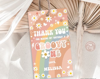 Groovy One Favor Tag Groovy Gänseblümchen Regenbogen Hippie Retro 70er Jahre Party Festival Vibe Groovy Geburtstag Geschenkanhänger DRUCKBARE DOWNLOAD GRM4