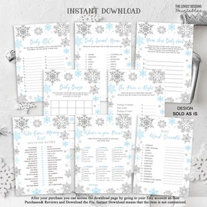 Winter Baby Shower Games Package Snowflakes Blue and Silver X8 Games Printable Baby It&#39;s Cold Outside Winter Wonderland INSTANT DOWNLOAD