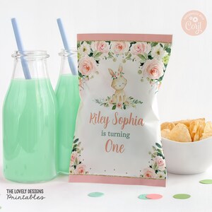 EDITABLE Bunny Chip Bag Bunny Girl Birthday Party Floral Pink Easter Some Bunny is One Bunny Party Favors Bag PRINTABLE DOWNLOAD BPF4