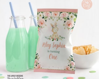 EDITABLE Bunny Chip Bag Bunny Girl Birthday Party Floral Pink Easter Some Bunny is One Bunny Party Favors Bag PRINTABLE DOWNLOAD BPF4