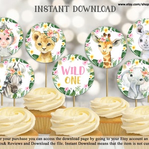 Jungle Wild One cupcake toppers Jungle meisje verjaardagsfeestje Tags Safari cirkel decor Jungle Wild One toppers afdrukbare DIY INSTANT DOWNLOAD