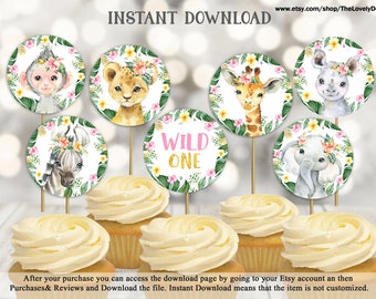 Jungle Wild One Cupcake Toppers Jungle Girl Birthday Party Tags Safari Circle Decor Jungle Wild One Toppers Printable DIY INSTANT DOWNLOAD