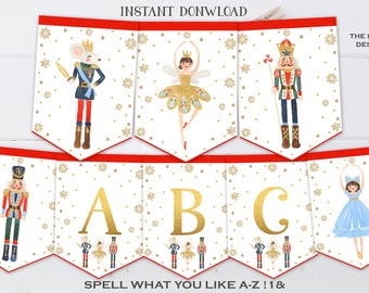 Nutcracker Banner Nutcracker Sugar Plum Fairy Birthday Nutcracker Ballet Party Decor Printable Bunting Banner Red Christmas INSTANT DOWNLOAD