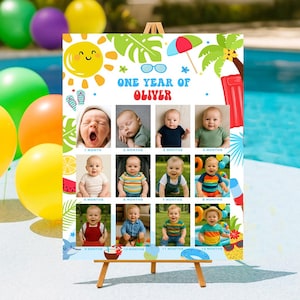 Puede incluir: Una colorida exhibición de fotos con temática tropical para el primer año de un bebé. El letrero presenta un sol sonriente, palmeras y el texto "ONE YEAR OF OLIVER". Incluye fotos del bebé de 1 a 12 meses.