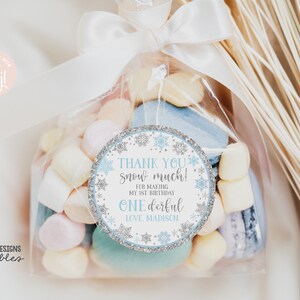 EDITABLE Winter ONEderland Gift Tag 2" Winter Birthday Snow Much Favor Tag Snowflakes Blue & Silver Circle Round Tag PRINTABLE DOWNLOAD SWB4