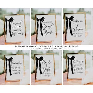Paquete de letreros de mesa con lazo para fiesta de graduación. DESCARGA INSTANTÁNEA. Imprimible. Lazo negro coqueto 2026. Decoración. Buffet para fiesta de graduación de secundaria y universidad.