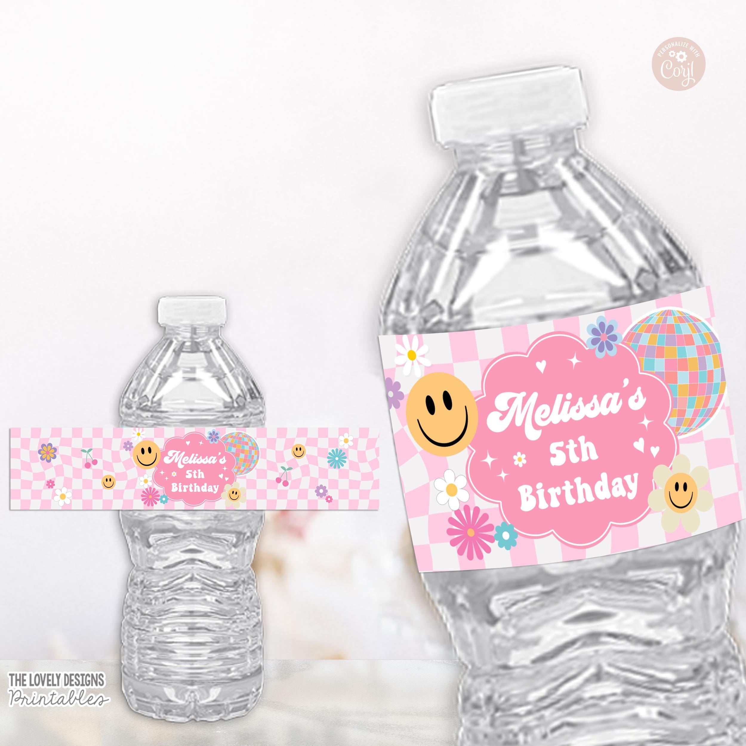 EDITABLE Bottle Label Smile Face Retro Groovy Birthday Label Emoji Hippie Disco Party Water Bottle Label Template PRINTABLE DOWNLOAD