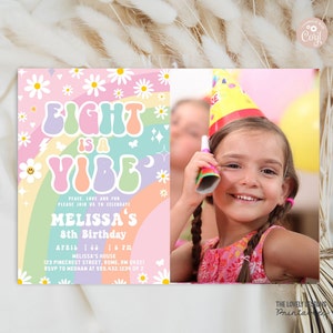 EDITABLE Eight is A Vibe Daisy Groovy 8th Birthday Invitation with photo Groovy Rainbow Pink Purple Mint Hippie 70&#39;s PRINTABLE DOWNLOAD GRP8