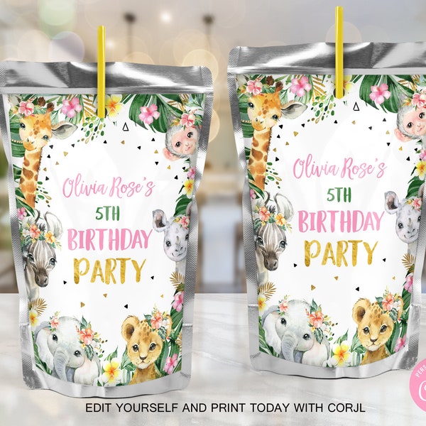 EDITABLE Jungle Juice Pouch Labels Jungle Girl Birthday Party Juice Labels Safari Animals Zoo Jungle Labels Juice Bags PRINTABLE DOWNLOAD