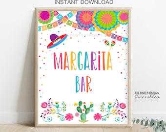 Könnte beinhalten: Ein druckbares Schild für eine Margarita-Bar mit einem farbenfrohen Design. Das Schild zeigt einen Sombrero, Maracas und einen Kaktus. Der Text auf dem Schild lautet "Margarita Bar".