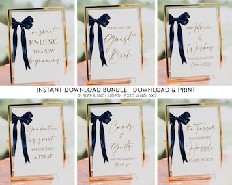 Navy Gold Bow Graduation Party Table Signs Bundle INSTANT DOWNLOAD Printable Coquette Bow 2026 Decor High School College Graduation Party
