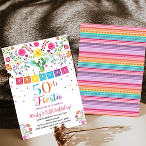 May include: A rectangular birthday invitation card featuring a white background with colorful floral illustrations, a cactus, and papel picado banners. The text reads 50th Fiesta, Please join us to celebrate Marty's 50th birthday. Includes event details.