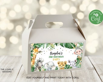 Bewerkbaar Jungle Gable Box Label Jungle Boy Verjaardagscadeau Box Label Jungle Party Favor Safari Animals Zoo Jungle Treat Box AFDRUKBARE DOWNLOAD
