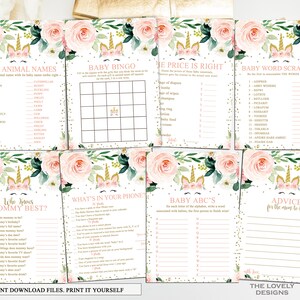 Unicorn Baby Shower Games Package x8, Unicorn Games Printable, Floral Baby Shower,Pink blush flowers Magical Unicorn Games, INSTANT DOWNLOAD