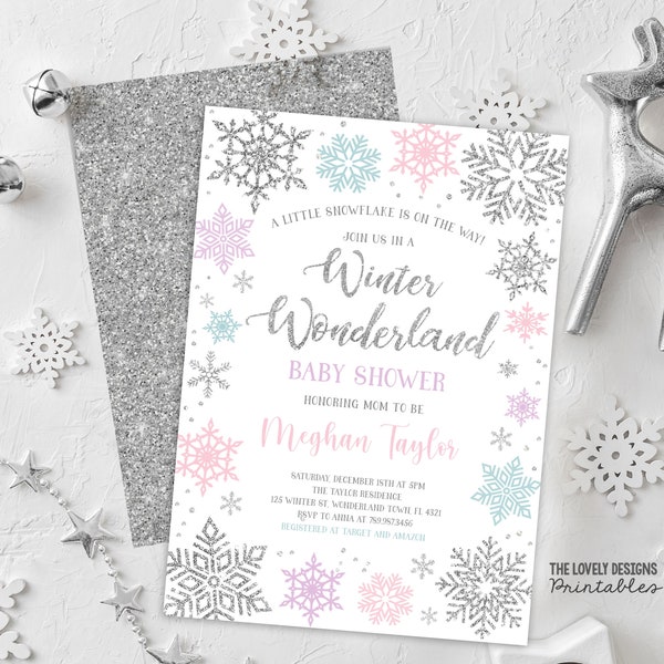 EDITABLE Winter Wonderland Baby Shower Invitation Snowflakes Pink Purple Teal A Little Snowflake is on the Way PRINTABLE DOWNLOAD SW3C