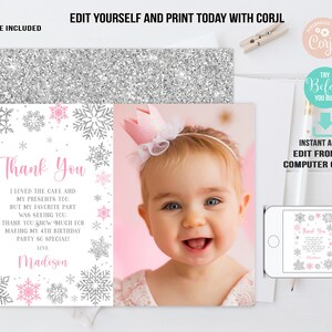 EDITABLE Winter Thank You Card With Photo Winter Birthday Snowflakes ...