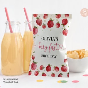 EDITIERBARE Erdbeere Chip Bag Wrapper Erdbeere Geburtstag Gastgeschenke Taschen Sommer Pool Party Beere Süße Chip Taschen DRUCKBARE DOWNLOAD STB2