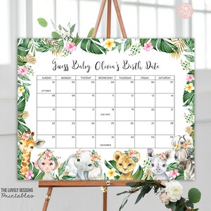 EDITIERBAR Dschungel Baby Due Date Kalender Dschungel Mädchen Ratet mal Babys Geburtstag Spiel Vorhersage Safari Wild Baby Ankunft Dusche DRUCKBARE DOWNLOAD