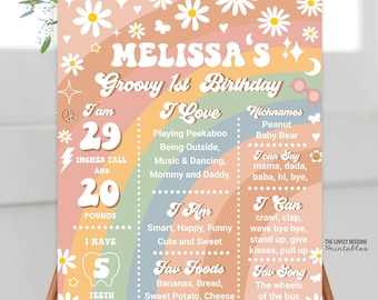 Milestone Poster Groovy One Two Groovy Birthday Facts Poster First Year Daisy Rainbow Hippie Retro 70s Party Download Editable Template GRM4