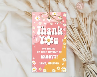 Bearbeitbarer Geschenkanhänger Groovy Geburtstag Regenbogen Rosa Gelb Favor Tags Gänseblümchen Retro Hippie 70er Jahre Party Vibes Zwei Groovy Eins DRUCKBARE DOWNLOAD GPY5