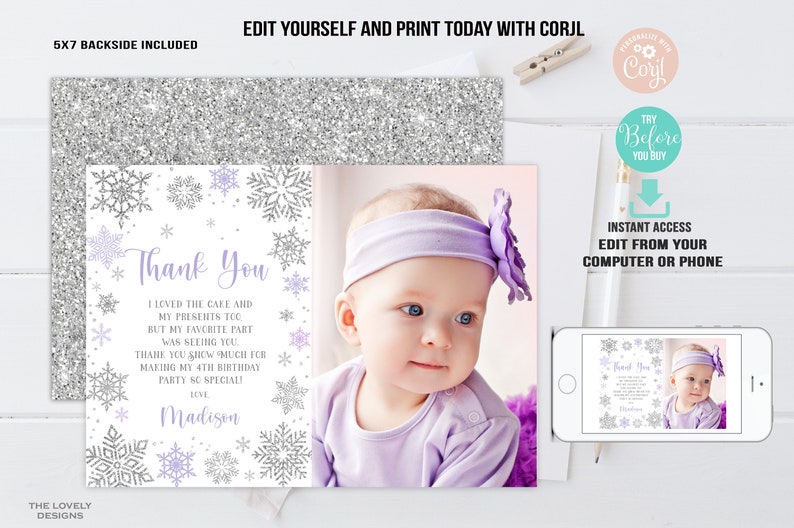 Editable Winter Thank You Card With Photo Winter Wonderland Birthday ...