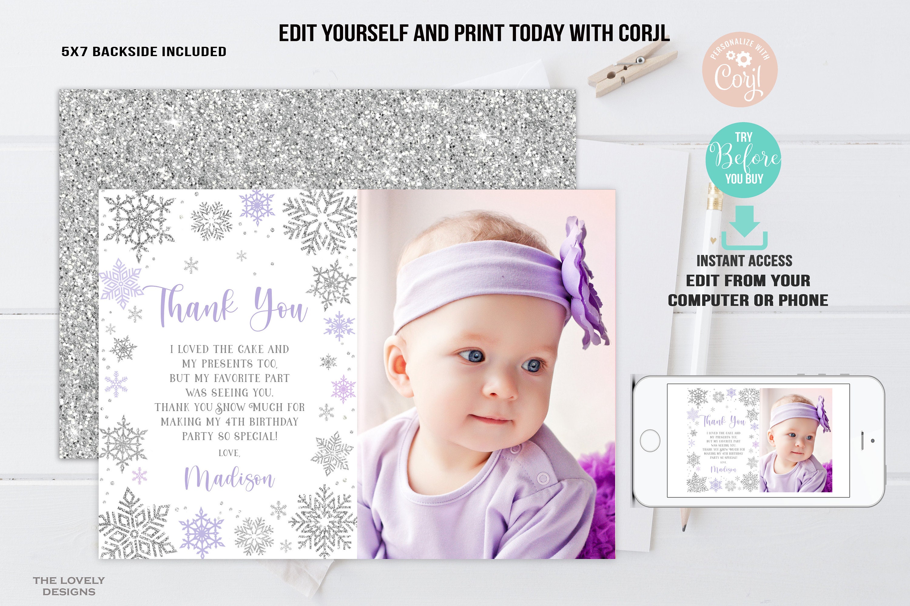 Editable Winter Thank You Card With Photo Winter Wonderland Birthday ...