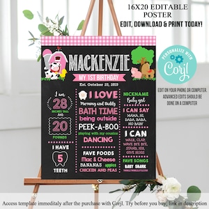 Poster per il primo compleanno della ragazza contadina, lavagna, MODIFICABILE, poster per il primo compleanno della fattoria, modello di poster per il compleanno degli animali della fattoria, download immediato