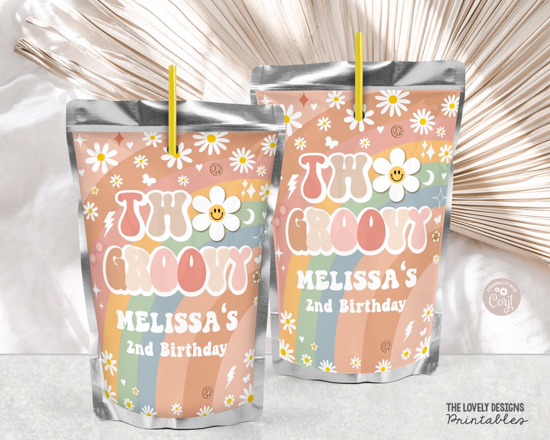 EDITABLE Two Groovy Juice Pouch Label Groovy 2nd Birthday Juice Label Daisy Rainbow Hippie Retro