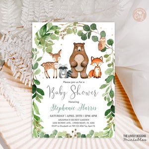 Modèle d'invitation de baby shower des bois MODIFIABLE, thème neutre, verdure, animaux de la forêt, renard, invitation TÉLÉCHARGEMENT IMPRIMABLE WOG3