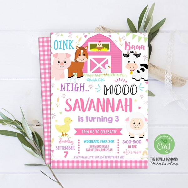 Editable Farm Birthday Invitation Girl Farm Animals Barnyard Invitation Digital file Farm Barnyard Party INSTANT DOWNLOAD printable template