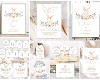 First Birthday Bundle, Some bunny is turning One, 1st birthday bundle, Boho, Floral, Bunny Pink Easter Spring Rabbit Digital Download